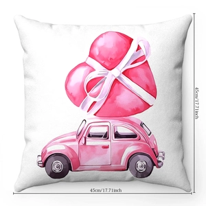 Detail of 45cm square pillow case with pink vintage car and red heart watercolor print