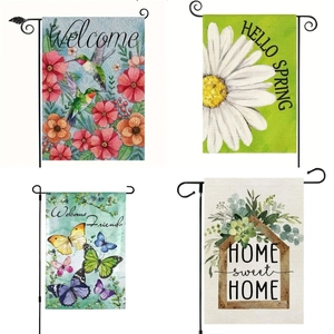Frühlingsblumen Gartenfahne Set Mit Metallständer Leinen Sackleinen Willkommensschild Outdoor Hof Dekoration Kolibri Katze Hund Dekor