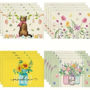 Sets de Table en Lin Pâques Printemps Aquarelle Floral Chat Lapin Motif Résistant à la Chaleur Sets de Table pour Salle à Manger