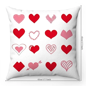 Close-up of heart print pattern on square plush pillow cover with 45cm size detail