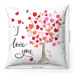 Detail of 45x45cm Valentine plush pillowcase with flamingo heart tree and I Love You text