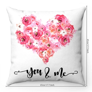 Detail of flamingo themed plush pillowcase with You & Me text heart pattern 45x45cm