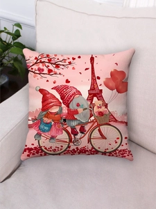 Detail von Valentinstag Kissenbezug mit Zwergen und Eiffelturm auf weißem Sofa