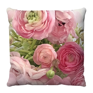 Short plush square pillowcase with romantic pink ranunculus flower print and green stems
