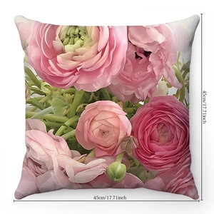 Detail view of pink rose pattern on plush cushion cover with 45cm size marking