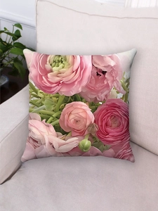Close-up of pink rose flower pattern on plush pillowcase for holiday party decoration