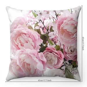Detail view of 45x45cm square pillowcase with pink rose floral print on soft fabric