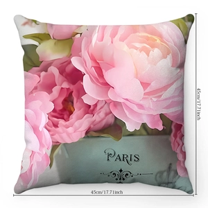 Detail of 45x45cm plush pillowcase with pink peony print and Paris text lettering