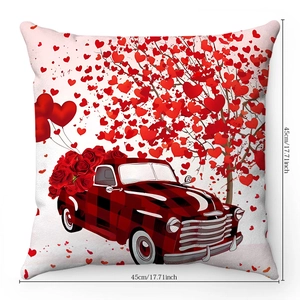 Detail of red truck Valentine cushion cover with rose heart tree and 45cm size marking