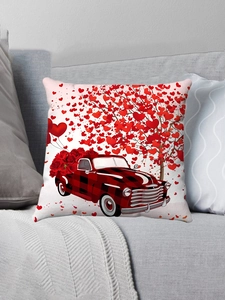 Detail of red festive truck with roses on plush pillowcase for Valentine decoration