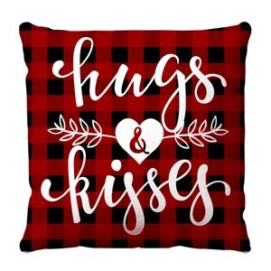 Red and black buffalo plaid throw pillow cover with hugs and kisses white heart print