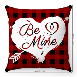 Detail showing red buffalo plaid heart pillow cover with Be Mine text and 45cm size specs