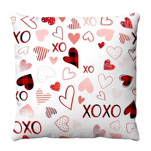 Red Valentine heart pattern throw pillow cover with XOXO print and buffalo plaid accents