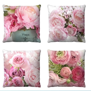 Valentine's Day Decorative Pillow Cover Short Plush Pink Rose Peony Paris Pattern Square Cushion Case For Sofa Home Living Room