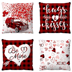 Valentine's Day Cushion Covers Short Plush Soft Heart Buffalo Plaid Retro Truck Home Sofa Decor Romantic
