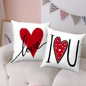 Détail de deux coussins en peluche blancs avec cœurs rouges et lettrage Love sur canapé