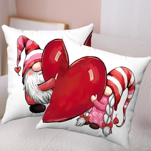 Set of two Valentine white plush pillow covers featuring cute gnomes with a big red heart
