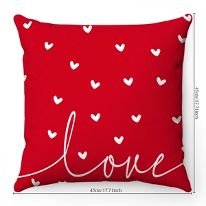 Detail view of 45x45cm red plush pillow cover with white love heart print for Valentine