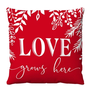 Red square Love Grows Here decorative plush pillowcase with botanical heart frame print