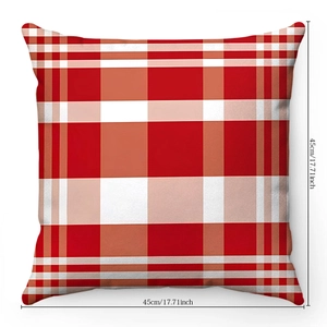 Detail view of 45cm square red and white checkered plush pillow cover with size dimensions