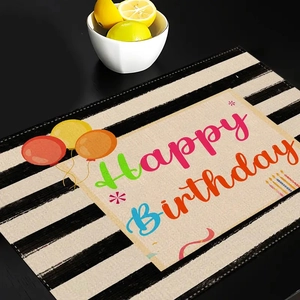 Striped Happy Birthday placemat with balloon prints and heat-resistant material