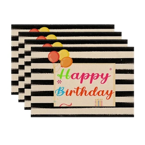 Detailed view of 4-piece Happy Birthday placemats with balloons and striped pattern