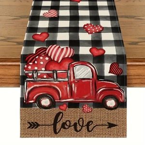 Chemin de table en lin avec camion vintage rouge et cœurs pour décoration de la Saint-Valentin