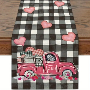 Chemin de table en lin à carreaux noir et blanc avec motif de camion rose Saint-Valentin