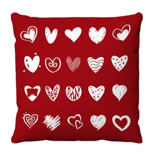 Red plush pillow case featuring 20 white hand-drawn heart patterns in a 4x5 grid