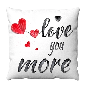 White plush Valentine cushion cover featuring a red heart and Love You More text print