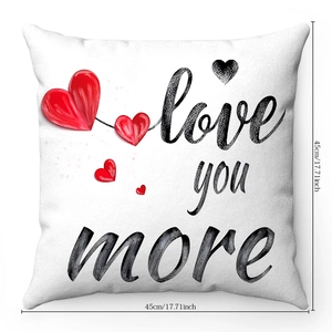 Detail view of 45cm white plush pillowcase with 'love you more' text and red hearts