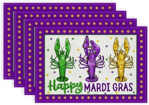 Detail of four Mardi Gras placemats featuring colorful lobster prints and festive patterns