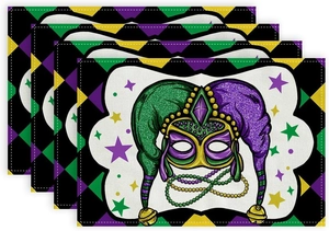 Set of four Mardi Gras place mats with carnival mask pattern and durable linen texture