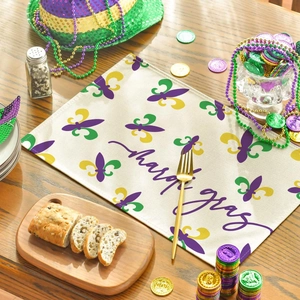 Detail view of Mardi Gras placemat with fleur-de-lis pattern and festive decorations