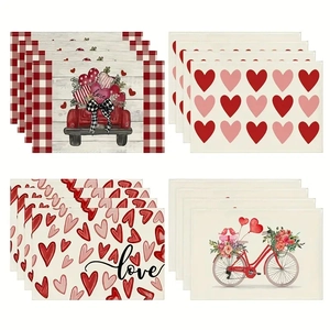 Valentine's Day Placemats Linen Heart Love Pattern Heat Resistant Non Slip Dining Table Decor Romantic Theme