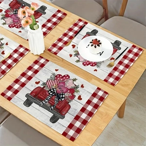 Set of Valentine's Day placemats with vintage red heart truck design and plaid border