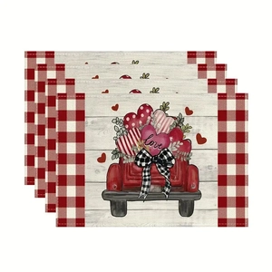 Set of 4 Valentine's Day placemats featuring a red truck with hearts and buffalo plaid borders