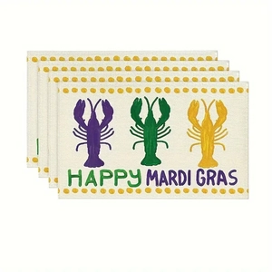 Set of four linen placemats with colorful lobsters and Happy Mardi Gras text