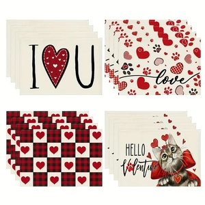 Valentine Day Placemats Linen Heart Love Printed Heat Resistant Anti Slip Dining Table Decor Washable Rectangular