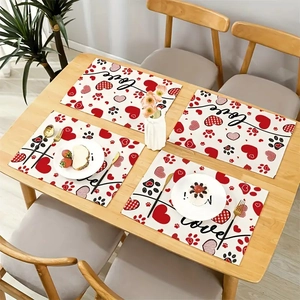 Linen Valentine heart placemats set of 4 with love text and paw prints for dining decor