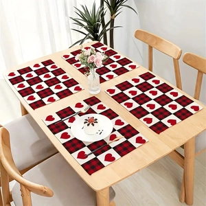 Set of 4 buffalo plaid heart pattern linen placemats for Valentine table decor