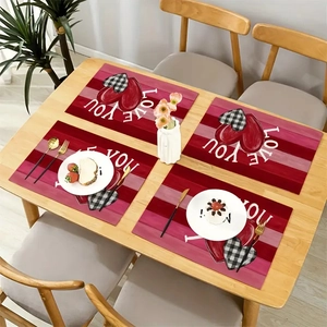 Set di 4 tovagliette in lino con cuori rosa e scritta Love You per tavola di San Valentino
