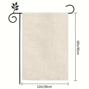 Detailed view of burlap garden flag with black metal stand and size dimensions indicated