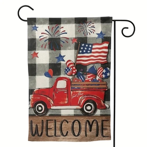 Double-sided Independence Day garden flag with red truck and buffalo plaid welcome design