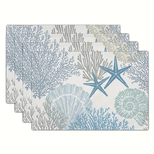 Set of 4 linen table mats with blue coral and starfish prints for beach decor