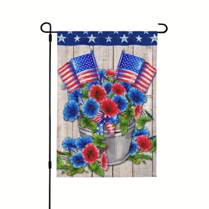 Detailed close-up of double-sided burlap US Independence Day garden flag with metal stand
