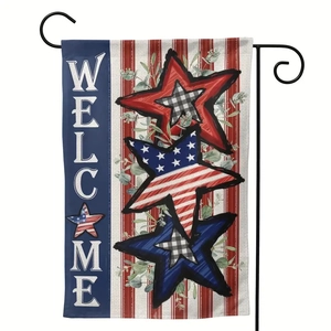 Vertical Welcome garden flag with USA patriotic stars on a black metal stand