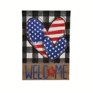 Double-sided Independence Day garden flag with buffalo plaid and American flag hearts
