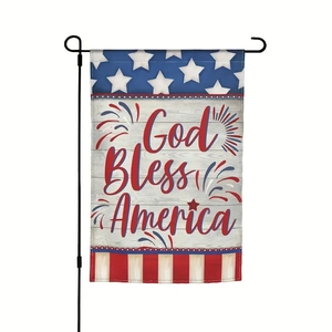 God Bless America garden flag with stars, stripes, and fireworks on a black metal stand