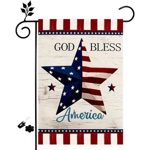 Detail of double-sided linen Independence Day garden flag with metal stand and clips